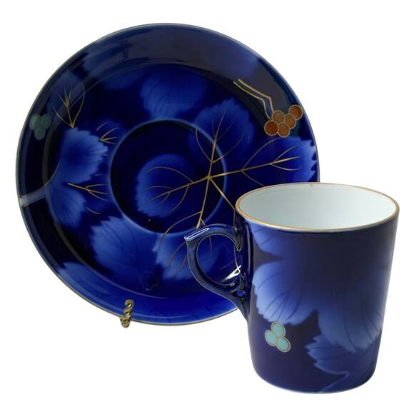 Fukagawa Seiji Arita TEA CUP & SAUCER SET Demitasse Blue Gold Grape Bone China - Picture 8 of 8